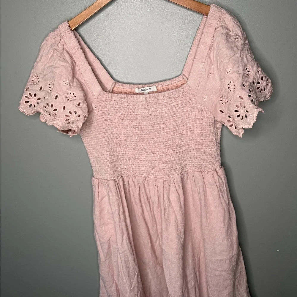 Madewell Linen-Blend Eyelet-Sleeve Lucie Smocked Midi Dress - Wisteria Dove - Picture 6 of 13